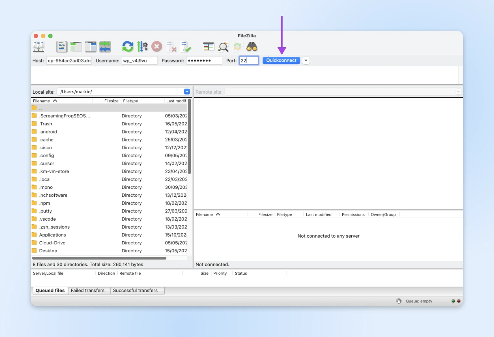 FileZilla FTP client interface showing file directory structure on left panel