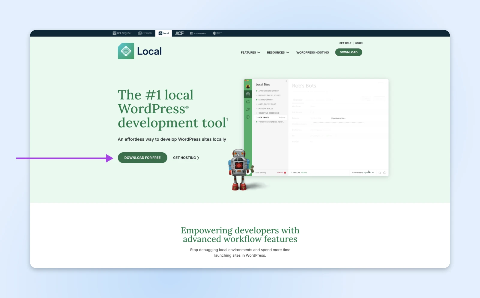 Local by Flywheel WordPress development tool website with purple arrow