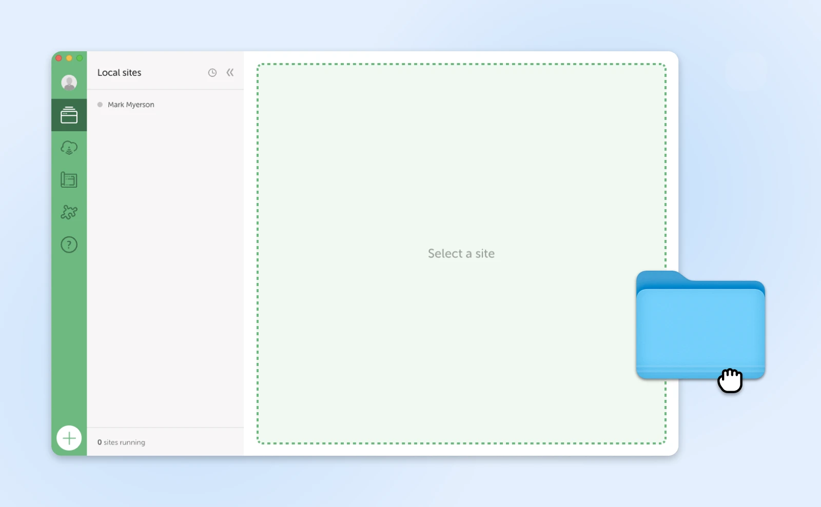 Local by Flywheel interface showing empty site selection area with "Select a site" placeholder text