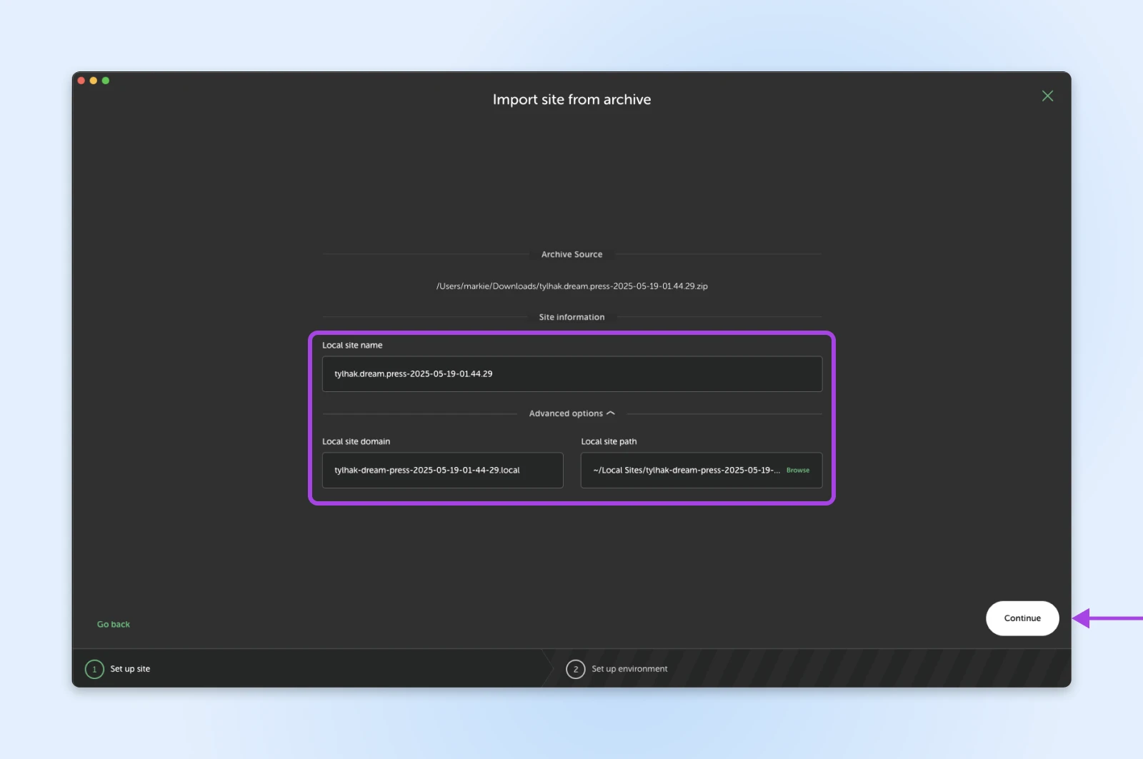 Local by Flywheel import dialog showing site archive upload options