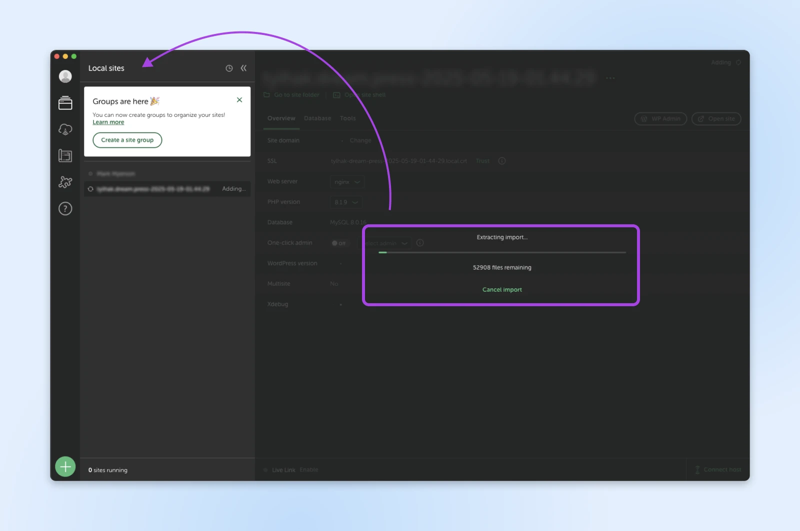 Local by Flywheel interface showing site import progress