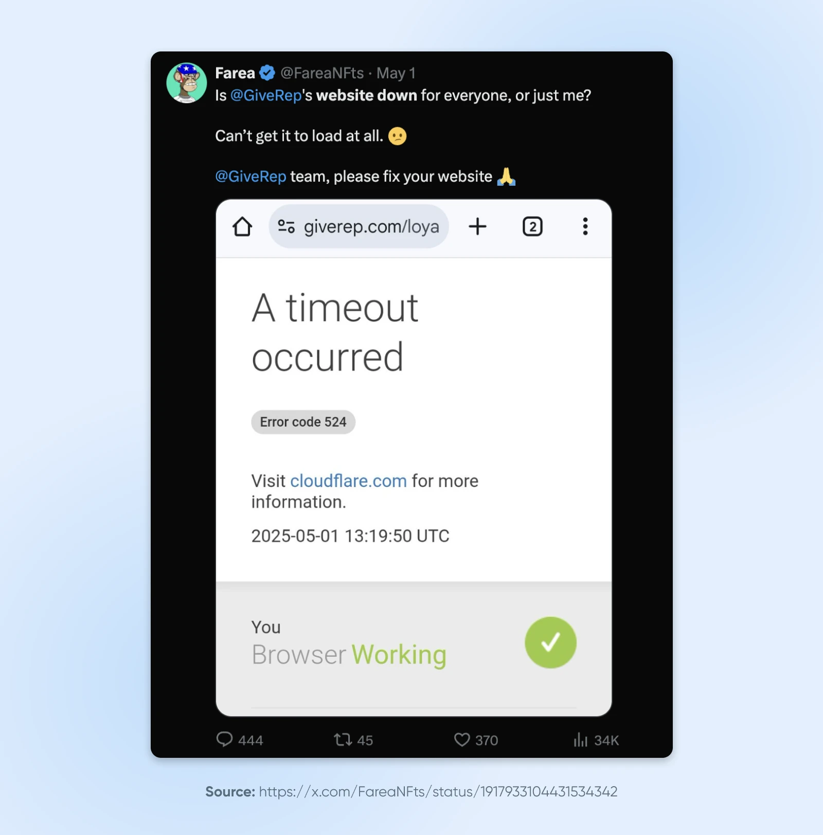 a tweet showing a user reporting a website outage for GiveReturns during a fundraising campaign