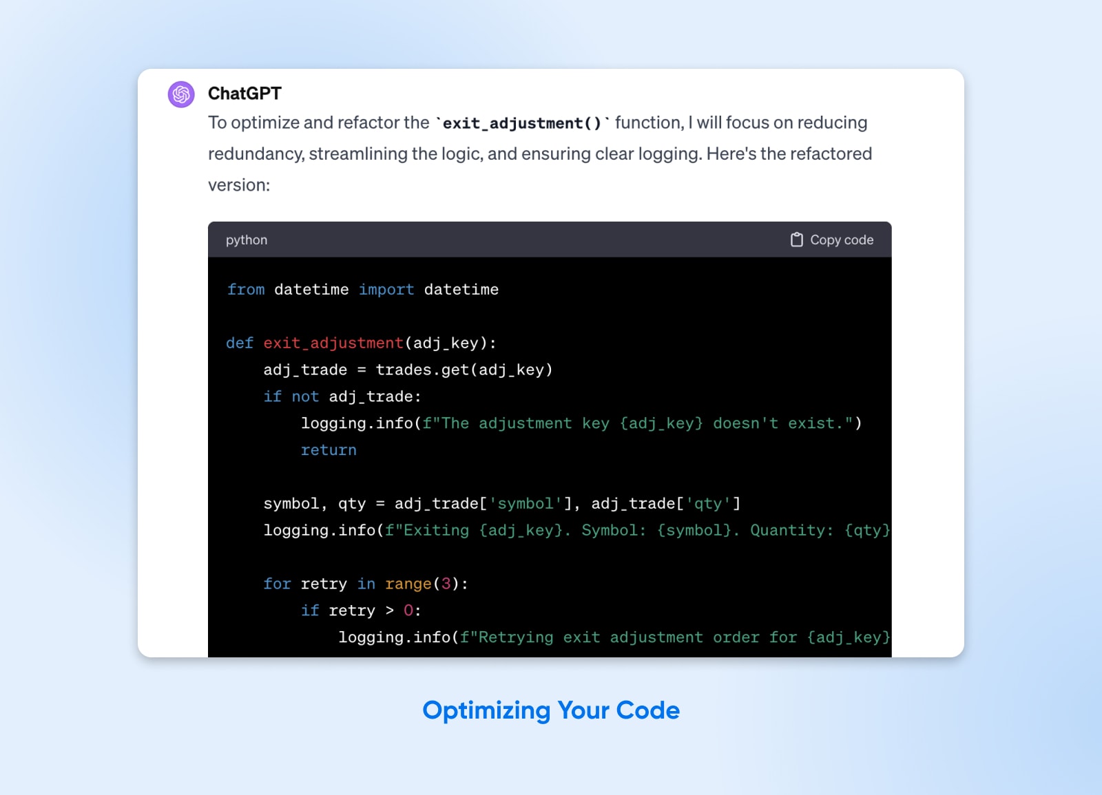 Screenshot der ChatGPT-Anfrage, um die 'exit_adjustment' Funktion zu optimieren und zu refaktorisieren und die Ausgabe in Python als Mittel zur Codeoptimierung