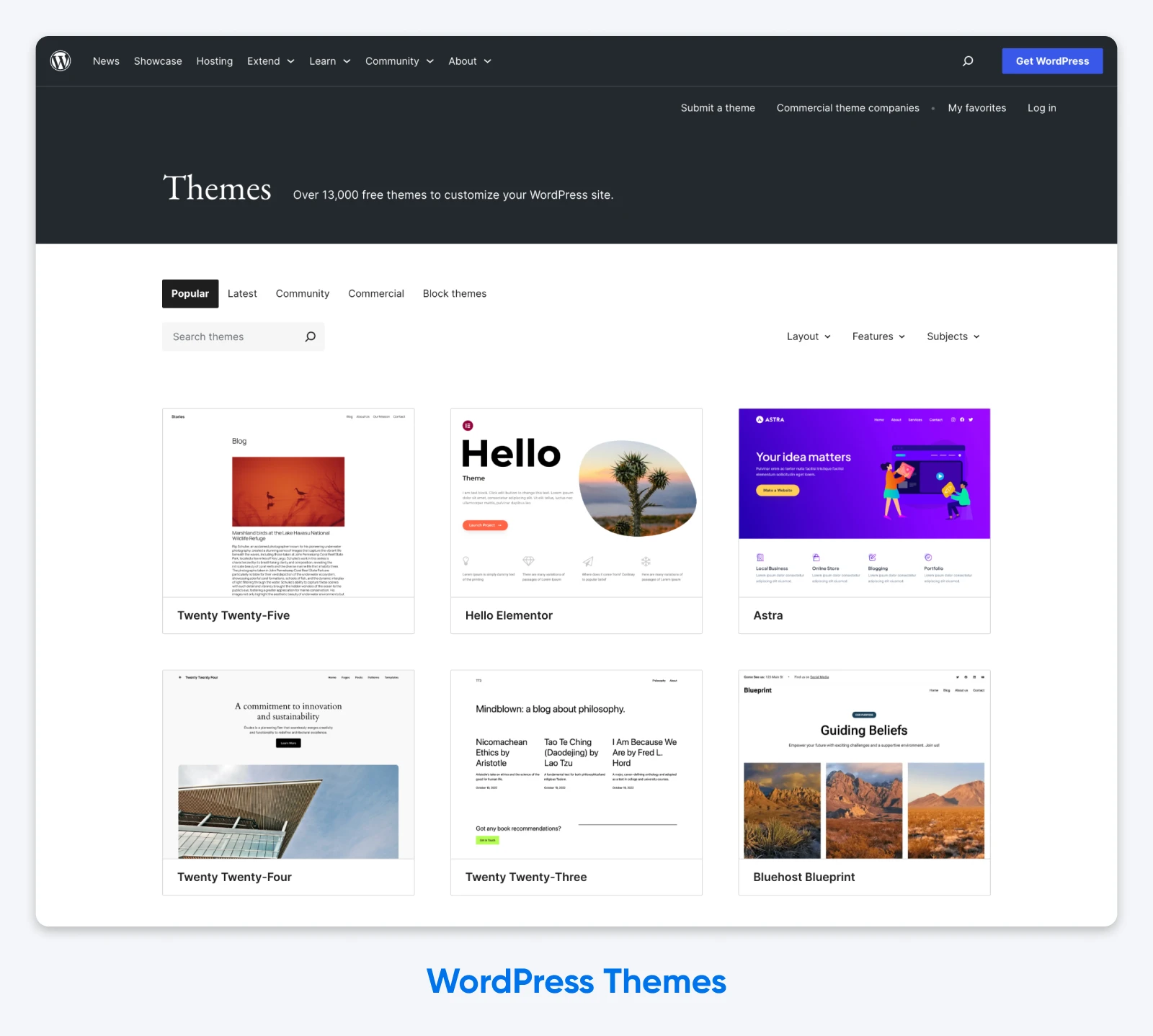 WordPress.org themes directory showing grid of theme previews including Twenty Twenty-Five