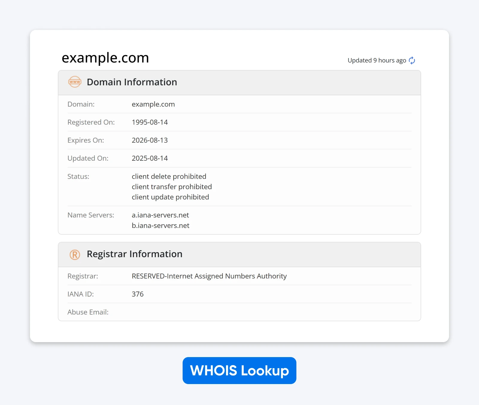 WHOIS lookup result showing domain information for example.com including registration date